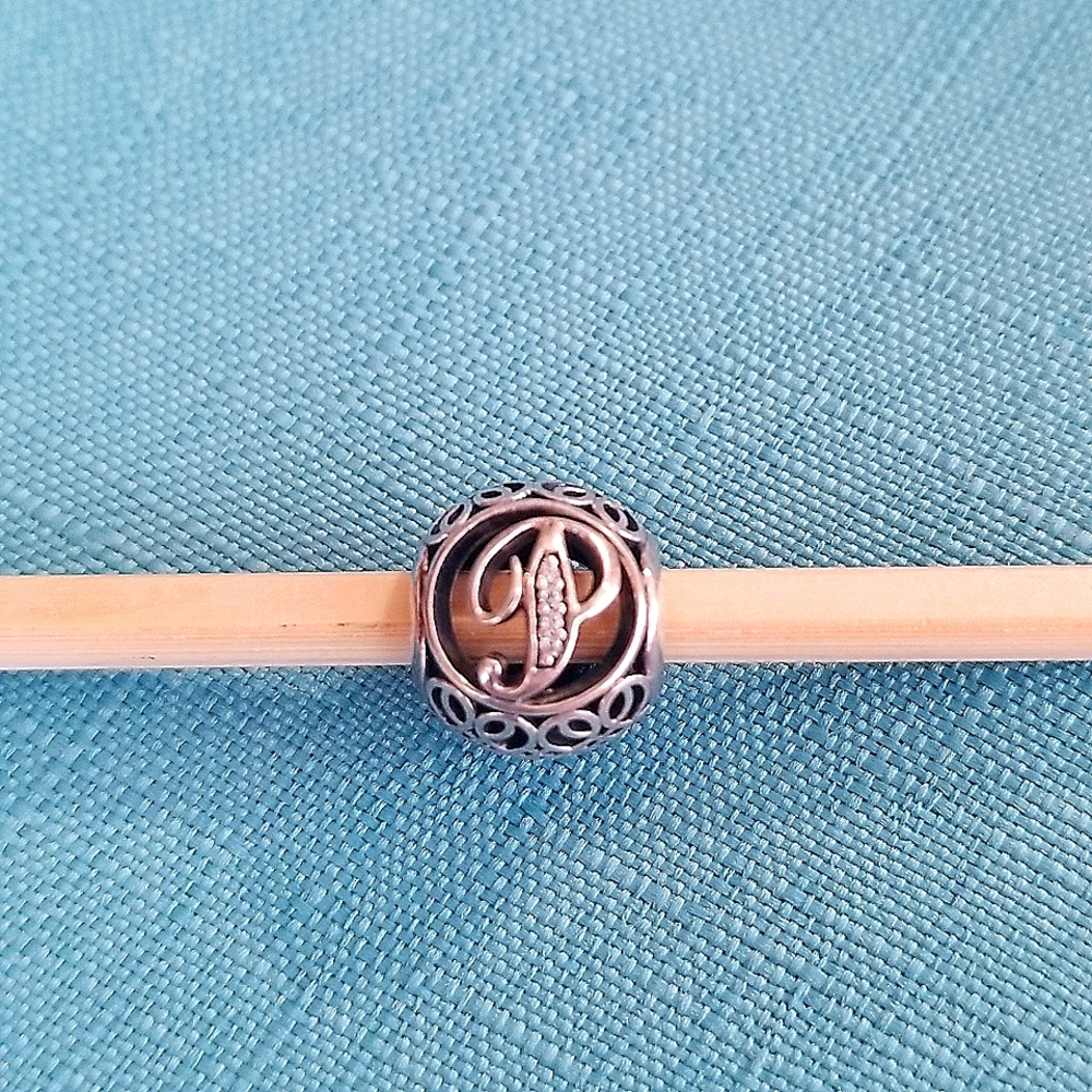 Pandora sterling silver filigree initial charm, bead "P" with tiny rhinestones